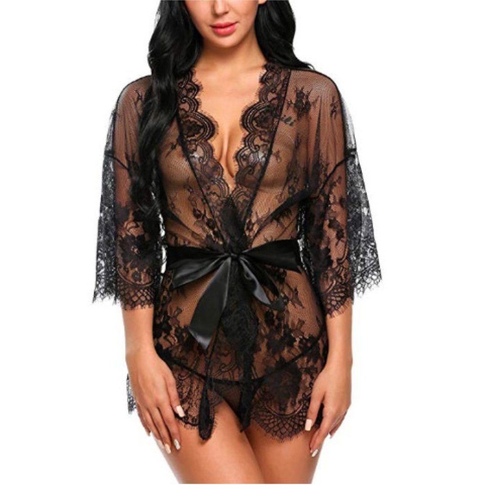 Lace Kimono Robe Babydoll Lingerie Mesh Nightgown